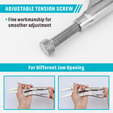 9.5-inch long nose locking pliers made of CR-MO steel with adjustable tension screw, quick release trigger and long narrow jaws