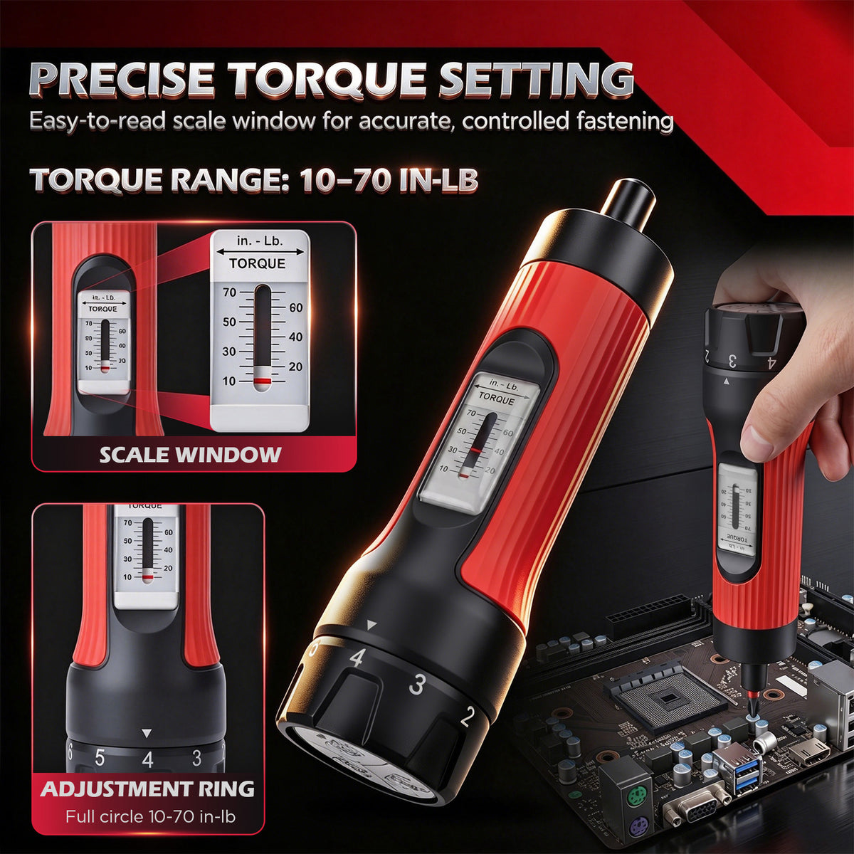 45-piece adjustable torque screwdriver set with 10-70 in-lb scale, 1/4-inch magnetic bit holder, 24 S2 bits and 20 SAE and metric nut drivers