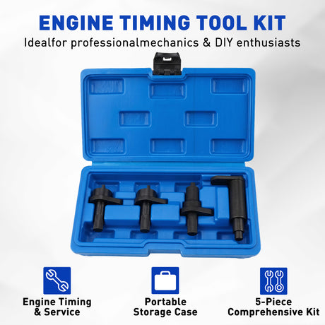 4-piece engine timing tool kit for VW 1.2L engines with camshaft locking spacers and crankshaft thrust tool in storage case for timing chain service