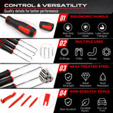 auto trim removal tool kit with red nylon pry tools, heat-treated pick hooks, ergonomic handles and extendable LED magnetic pickup tool for car panel, clip, seal and O-ring removal