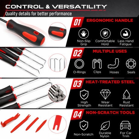 auto trim removal tool kit with red nylon pry tools, heat-treated pick hooks, ergonomic handles and extendable LED magnetic pickup tool for car panel, clip, seal and O-ring removal