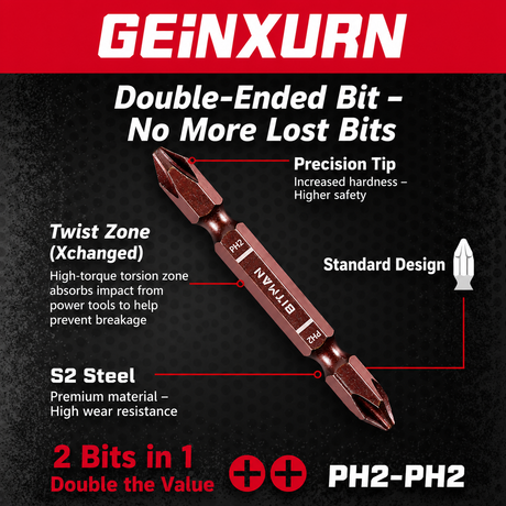 PH2 double-ended impact screwdriver bit set with S2 steel magnetic power bits, torsion zone design, available in 65mm, 90mm and 150mm lengths for impact drivers and drills