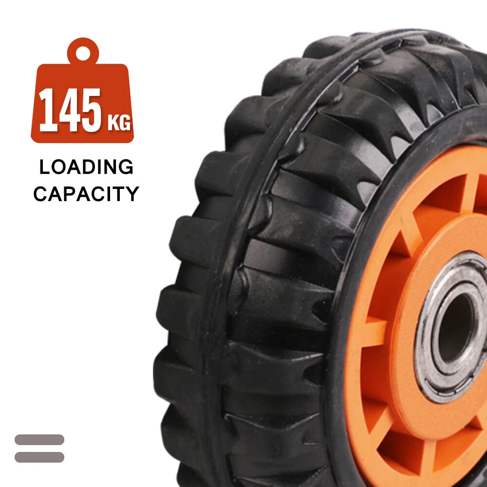 5 inch solid trolley wheel with plastic rim and 15mm bore for wheelbarrows, lawnmowers, carts and hand trucks.