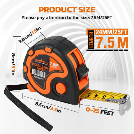25FT 7.5M self-locking measuring tape with dual scale, belt clip, wrist strap, carbon steel blade and ABS rubber case