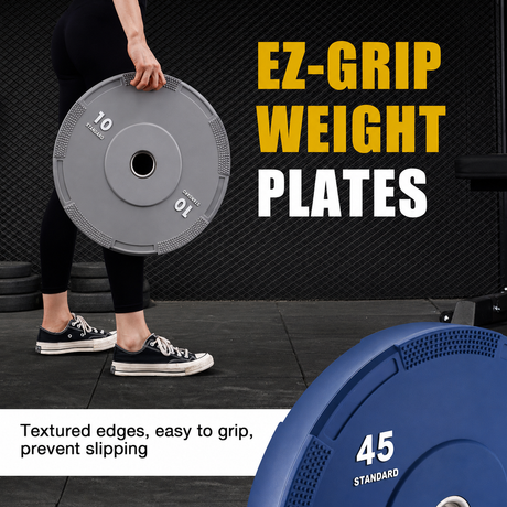 Olympic bumper plates set with low-bounce rubber, steel inserts, textured grip edges and IWF color-coded weight options for barbell training