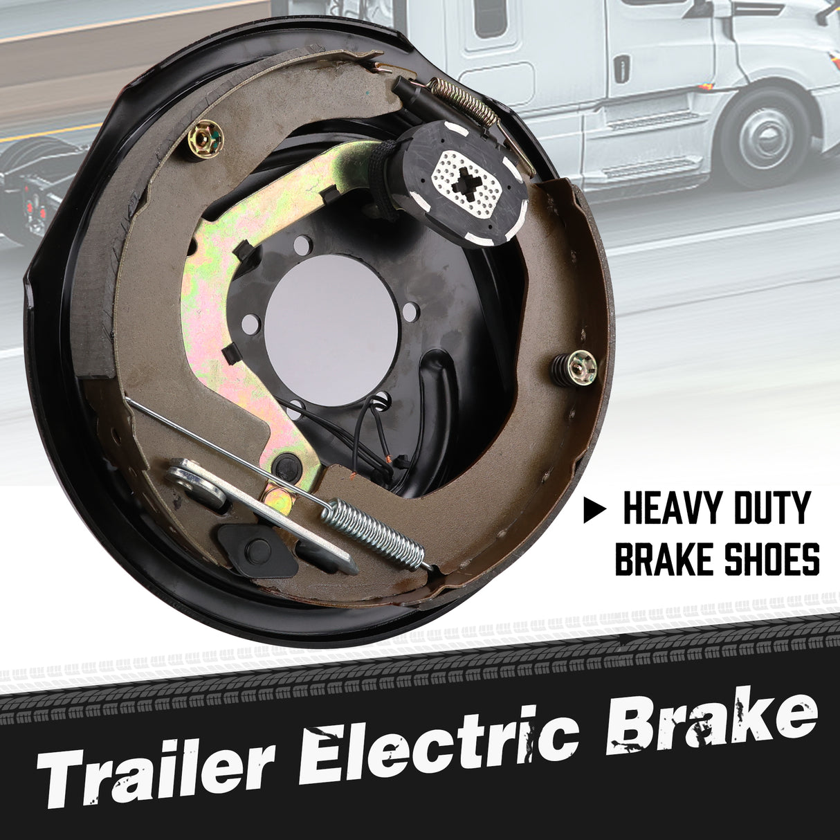 2-piece 12 inch trailer electric brake assembly with backing plate, brake shoes, electro-magnet, hand brake lever, adjuster screw and mounting holes