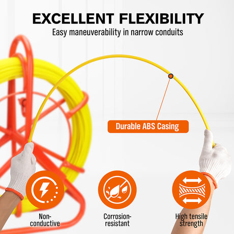 fiberglass fish tape wire puller 130m 6mm cable pulling tool with reel stand brake handle non conductive electrician conduit wiring kit