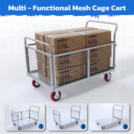 4-in-1 foldable blue caged platform trolley, 450kg load, heavy-duty steel cart with braked castors, flatbed warehouse and workshop cart AU