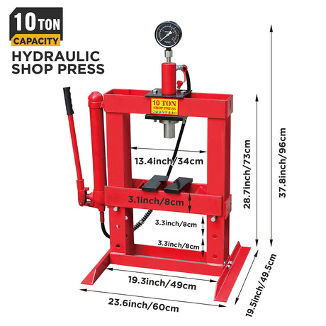10 Ton Hydraulic Shop Press for Garage and Workshop Metalworking