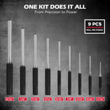 25-piece roll pin punch and punch and chisel set with CR-V steel tools, angle gauge, roll-up storage pouches and gift box