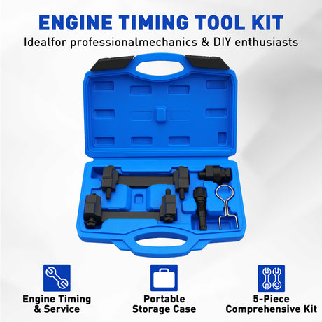 5-piece engine timing tool kit for VAG 2.4 and 3.2 FSI engines with camshaft locking tools, tensioner pin, and storage case for Audi and Volkswagen timing chain service