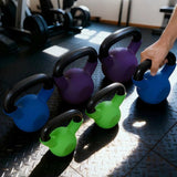 vinyl coated kettlebell weights in 5LB, 10LB and 15LB options with wide grip handles for home gym strength training, squats and full body workouts