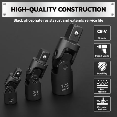 CR-V universal joint socket adapter in 1/4 inch, 3/8 inch and 1/2 inch drive sizes for ratchets, impact tools and automotive repair