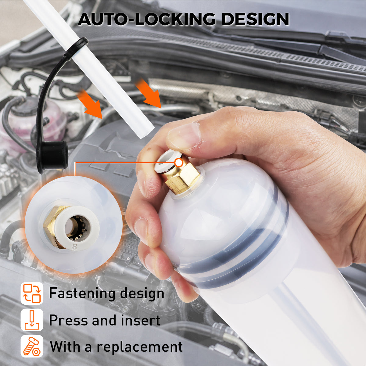 500cc manual fluid extractor and fill pump with transparent graduated cylinder, hand plunger, flexible hose, extension tubes and sealing accessories