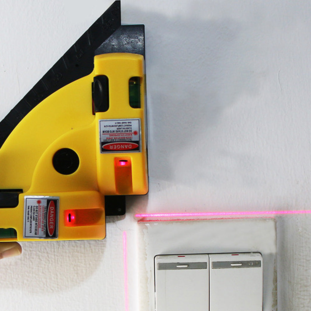 90 degree right angle laser level gauge with red laser square lines, built-in bubble levels, ruler edge and compact triangular body for tile, flooring, wall and interior construction layout