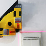 90 degree right angle laser level gauge with red laser square lines, built-in bubble levels, ruler edge and compact triangular body for tile, flooring, wall and interior construction layout