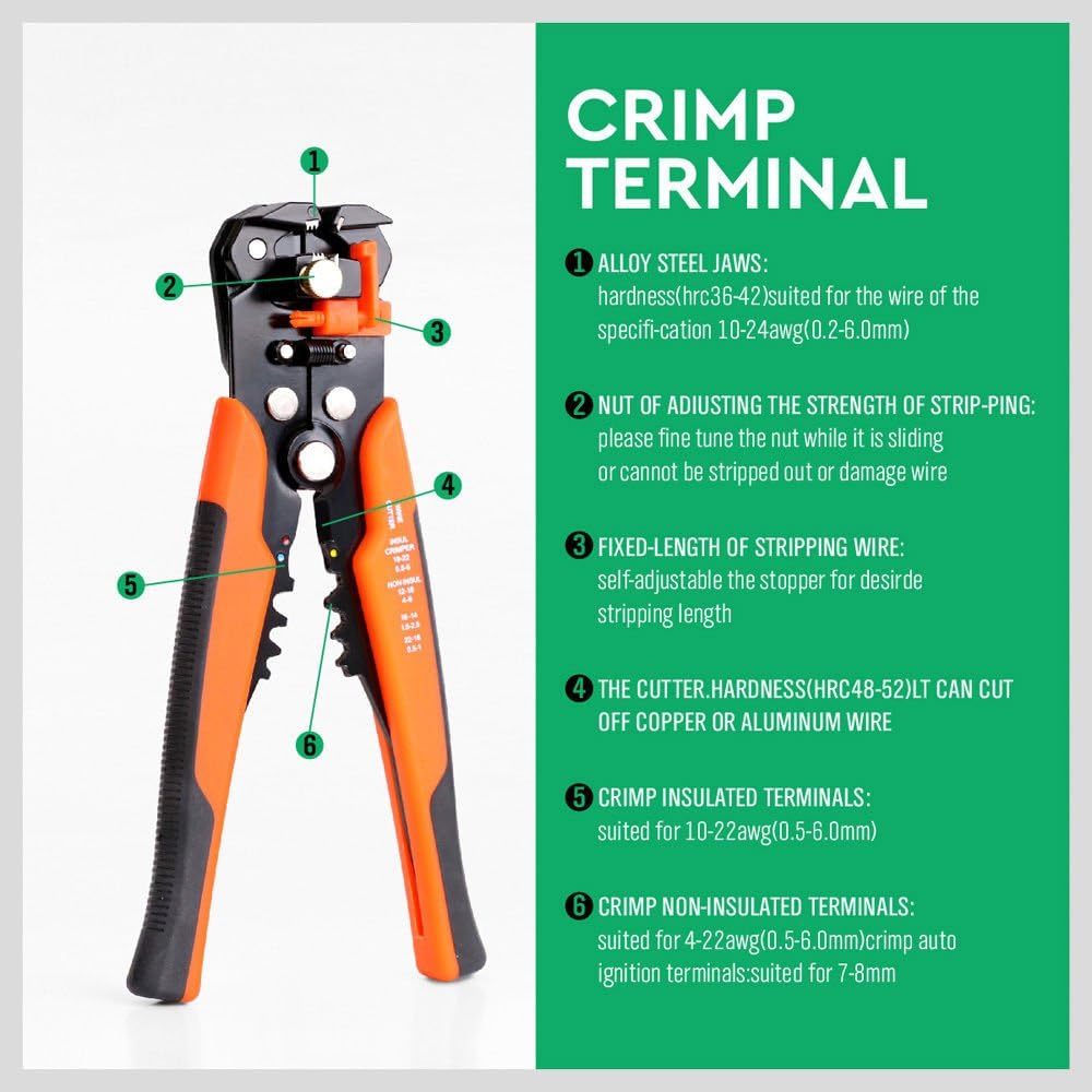 8 Inch 5-in-1 Automatic Wire Stripper with Self Adjusting Jaws, Wire Cutter, Terminal Crimper and Orange Non-Slip Handles