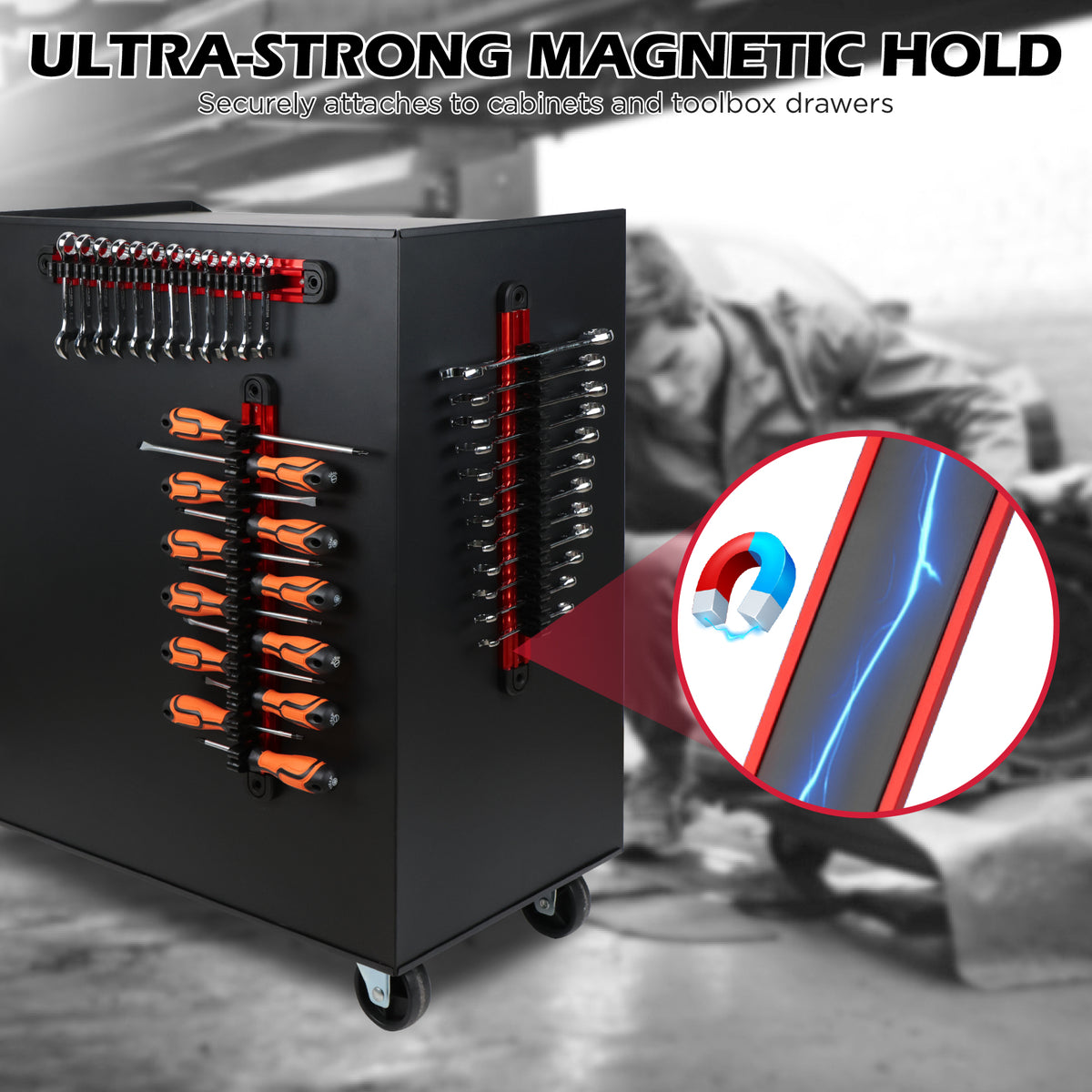 3-piece magnetic tool organizer with 42 adjustable clips, aluminum rails for wrenches, screwdrivers and tool storage