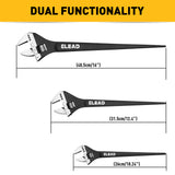 3-piece adjustable spud wrench set with 10, 12 and 16 inch CR-V steel wrenches, tapered pry bar handles and SAE metric scales