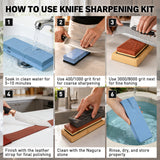 12-piece knife sharpening stone kit with 400/1000 and 3000/8000 grit whetstones, bamboo base, angle guide, honing guide, flattening stone, leather strop, green polishing compound and cut resistant gloves