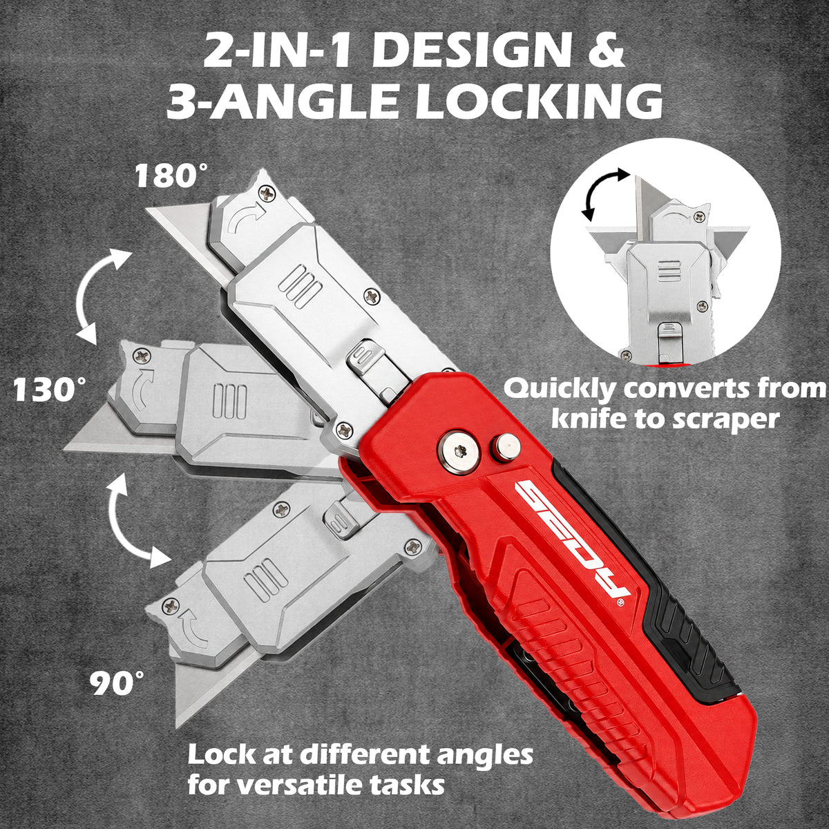 2-in-1 folding utility knife and scraper with SK5 blades, 3-angle locking, built-in blade storage and belt clip
