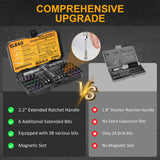 ELEAD 40-in-1 magnetic ratchet screwdriver kit with flexible handle, color-coded S2 bits, and portable locking case for precise repair and assembly tasks.