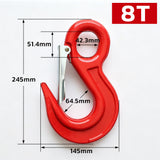 heavy-duty eye lifting hook with safety latch and red powder-coated finish for chain rigging, hoisting and material handling