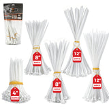 520-piece white nylon cable ties assortment in 4, 8 and 12 inch sizes with self-locking design for cable management