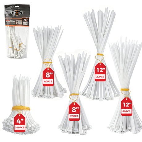 520-piece white nylon cable ties assortment in 4, 8 and 12 inch sizes with self-locking design for cable management