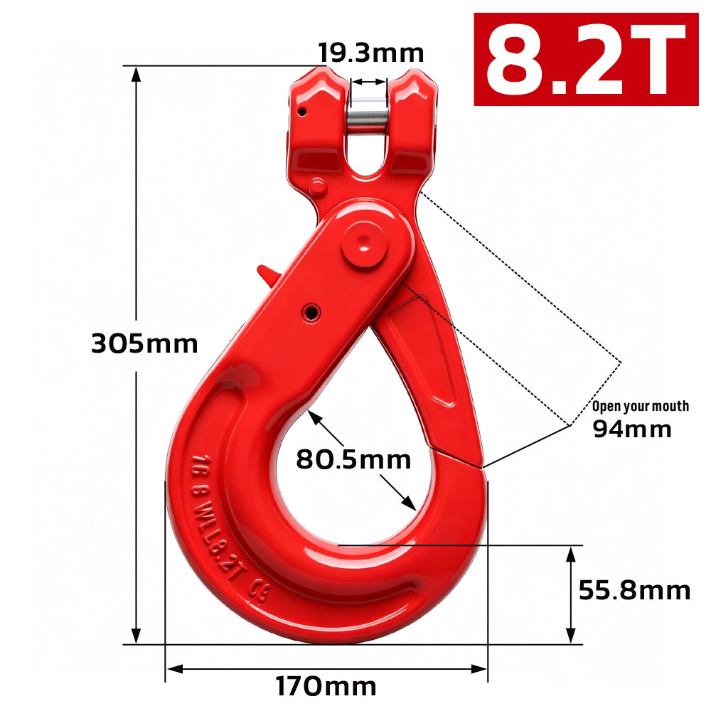 G80 clevis self-locking lifting hook with powder-coated finish and secure locking gate for chain rigging, hoisting and material handling