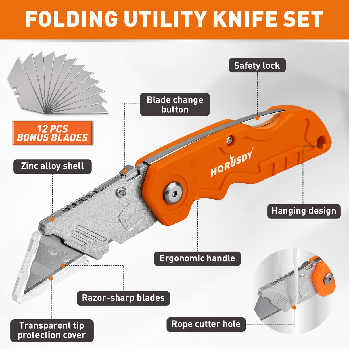 4Pc Folding Utility Knife Set | Quick-Change Box Cutter with 10 Extra Blades | Includes Storage Bag
