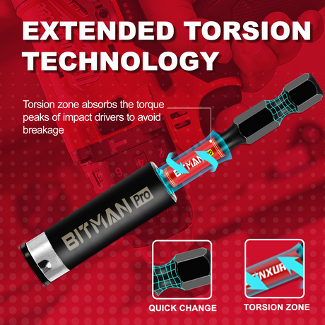 1/4 inch impact magnetic bit holder with quick change hex shank, double locking mechanism, strong magnetic tip and torsion zone, available in 2.5 inch, 3 inch and 6 inch lengths for impact drivers and power drills.