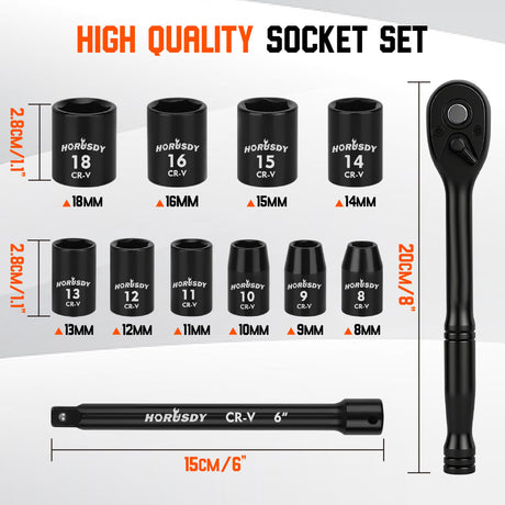 12-Piece 3/8 Inch Drive Ratchet Socket Wrench Set with Metric Sockets 8mm-18mm, 72 Tooth Quick Release Ratchet and 6 Inch Extension Bar