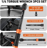 HORUSDY 3-piece click torque wrench set with 1/4, 3/8, and 1/2 inch drives, extensions, and storage case – dual scale design for accurate torque control.