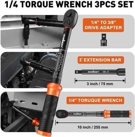 HORUSDY 3-piece click torque wrench set with 1/4, 3/8, and 1/2 inch drives, extensions, and storage case – dual scale design for accurate torque control.