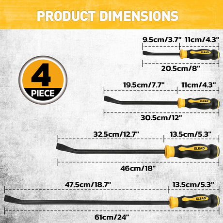 4-piece heavy duty pry bar set with 8, 12, 18 and 24 inch CR-V steel pry bars, angled tips, strike caps and TPR handles