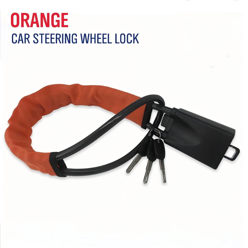 car steering wheel lock anti-theft device with flexible locking cable, covered steering wheel loop, keyed lock body and multiple color options including black, orange, blackish orange and red