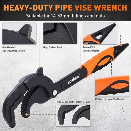 Self-adjusting pipe wrench set with high-carbon steel jaws, non-slip handles and 14–63mm capacity for plumbing, auto repair and home maintenance