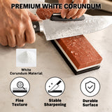 10-piece knife sharpening stone kit with 400/1000 and 3000/8000 grit whetstones, bamboo base, rubber bases, angle guide, Nagura stone, leather strop, cleaning towel and cut resistant gloves