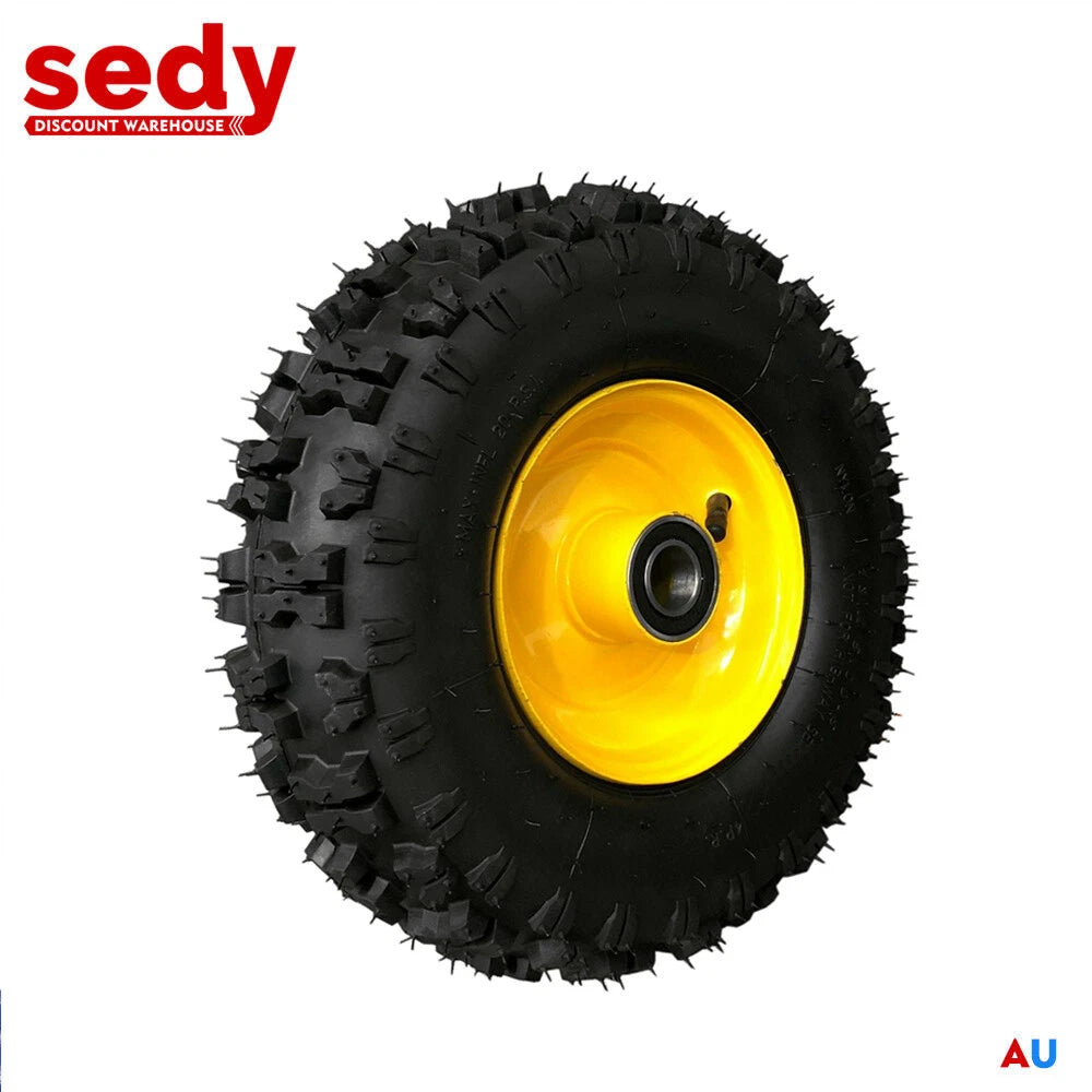 13 inch 5.00-6 pneumatic wheelbarrow trolley wheel with 1 inch (25.4mm) bore and yellow steel hub, heavy-duty replacement tyre