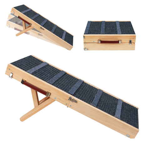 Foldable wooden pet ramp with non-slip carpet surface for dogs and cats, adjustable height design for beds, sofas and indoor use