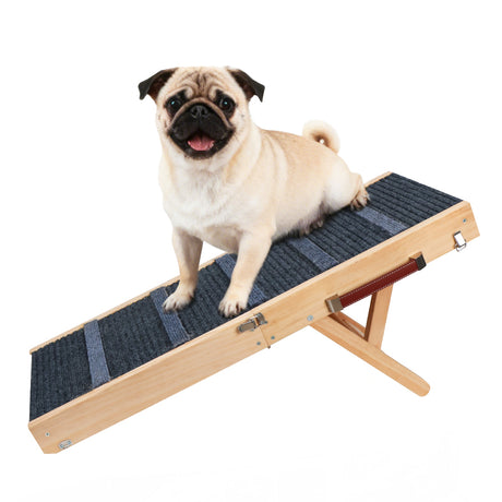 Foldable wooden pet ramp with non-slip carpet surface for dogs and cats, adjustable height design for beds, sofas and indoor use