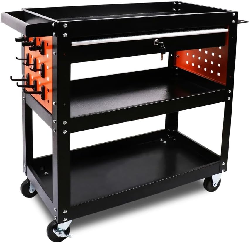 Single Drawer Tool Storage Trolley with Pegboard Hooks and Wheels