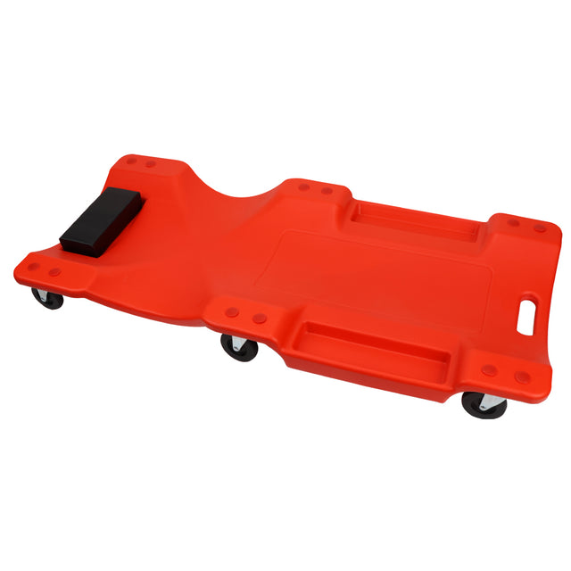 40-inch plastic mechanic creeper with padded headrest, tool trays and 360 degree swivel casters for automotive repair