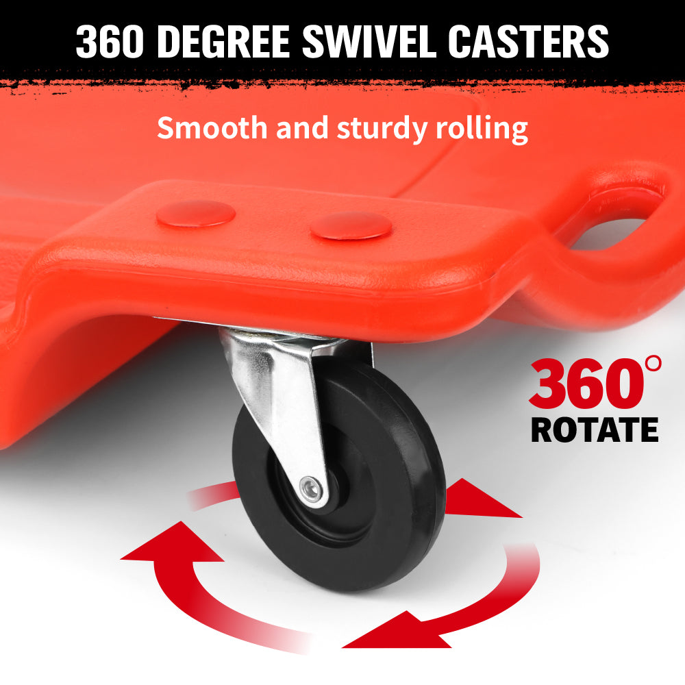 40-inch plastic mechanic creeper with padded headrest, tool trays and 360 degree swivel casters for automotive repair