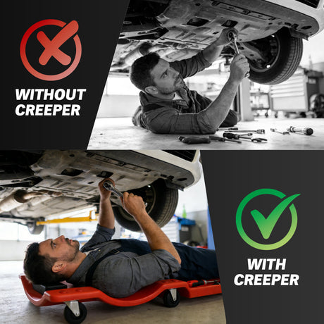 40-inch plastic mechanic creeper with padded headrest, tool trays and 360 degree swivel casters for automotive repair