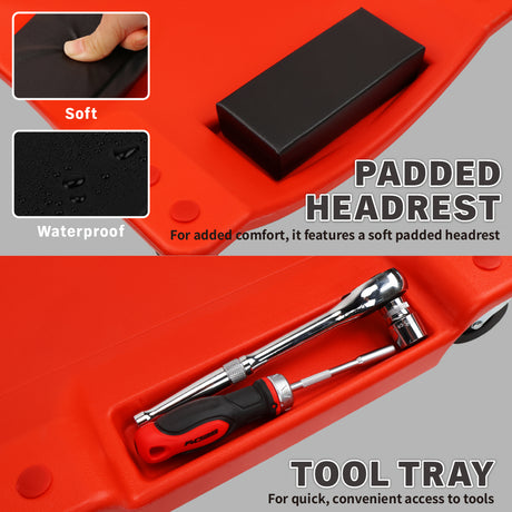 40-inch plastic mechanic creeper with padded headrest, tool trays and 360 degree swivel casters for automotive repair