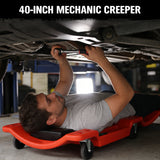 40-inch plastic mechanic creeper with padded headrest, tool trays and 360 degree swivel casters for automotive repair