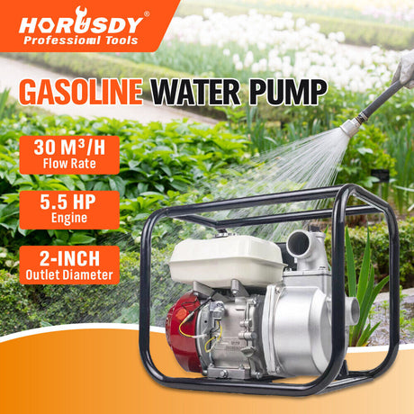 Gasoline water pump with 5.5HP engine, 30m³/h flow rate, 2-inch outlet, ideal for irrigation and high-efficiency water transfer