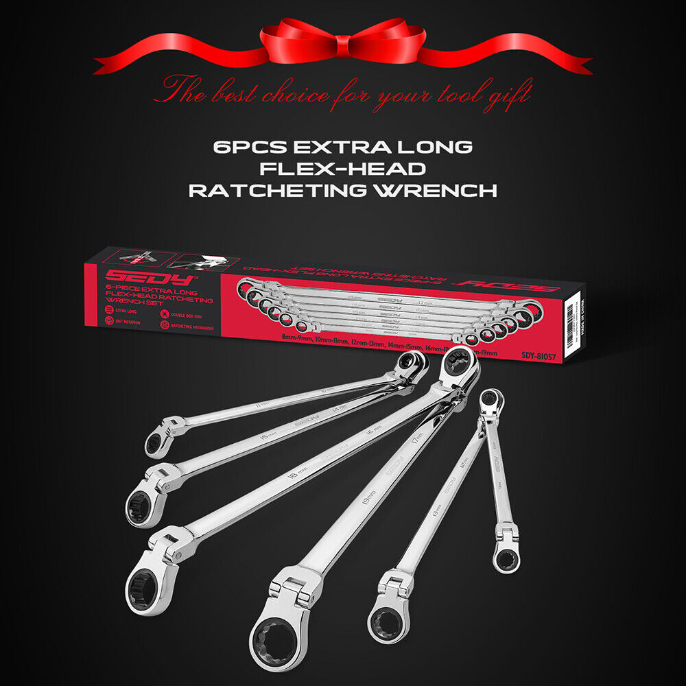 Extra long flex-head ratcheting spanner set with chrome vanadium steel construction, showcasing 180-degree rotating heads and multiple size options from 8mm to 19mm.